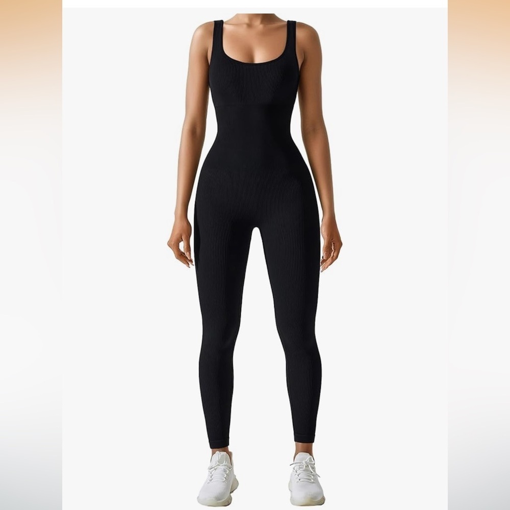 🆕 OQQ Ribbed One Piece Tank Top Sleeveless Yoga Exercise JumpSuit, Black, Medium